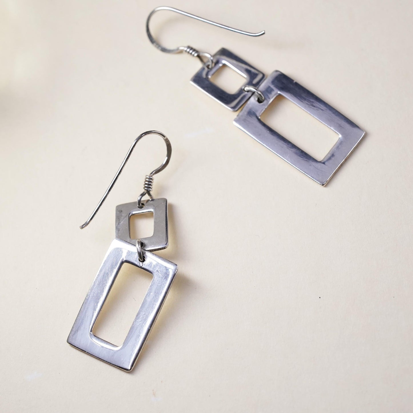 Vintage sterling silver handmade earrings, 925 simple rectangular dangles