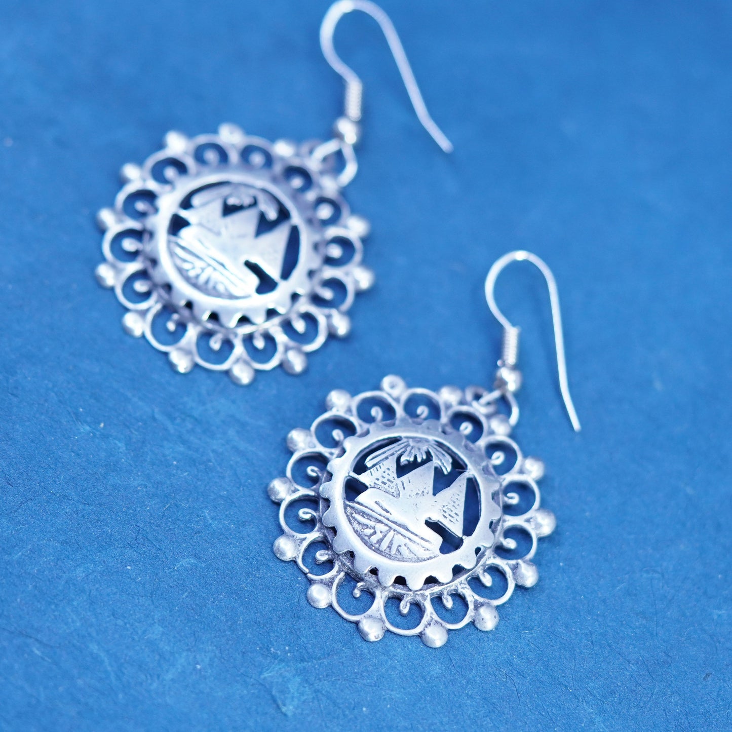 Vintage sterling silver handmade earrings, 925 pyramid embossed drops