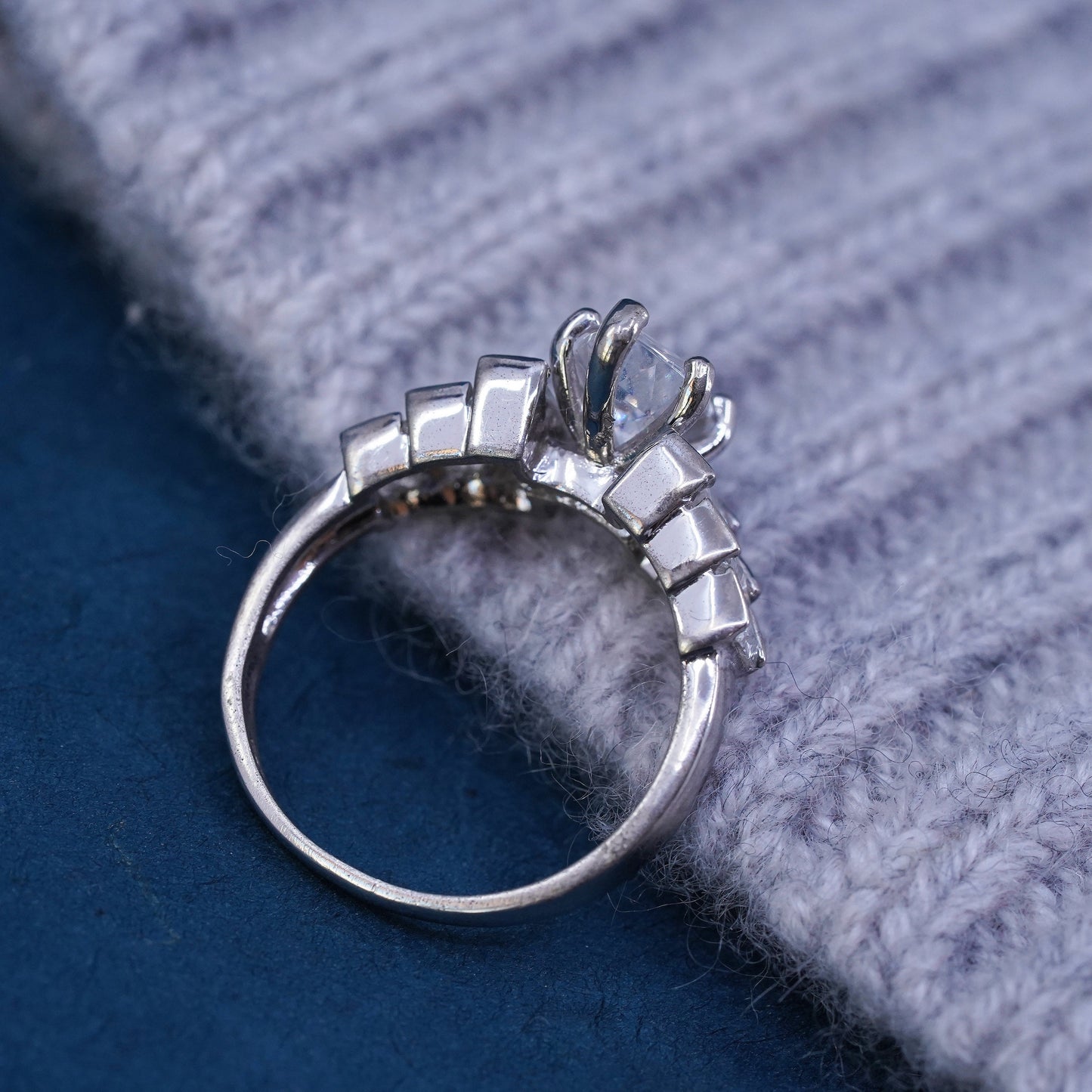 Size 8, vintage Sterling 925 silver engagement ring with cluster Cz around