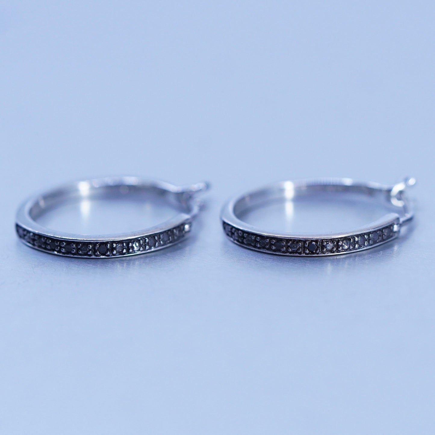 0.75”, Sterling silver handmade earrings, 925 huggie hoops with black diamond