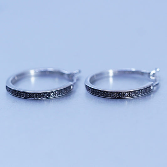 0.75”, Sterling silver handmade earrings, 925 huggie hoops with black diamond