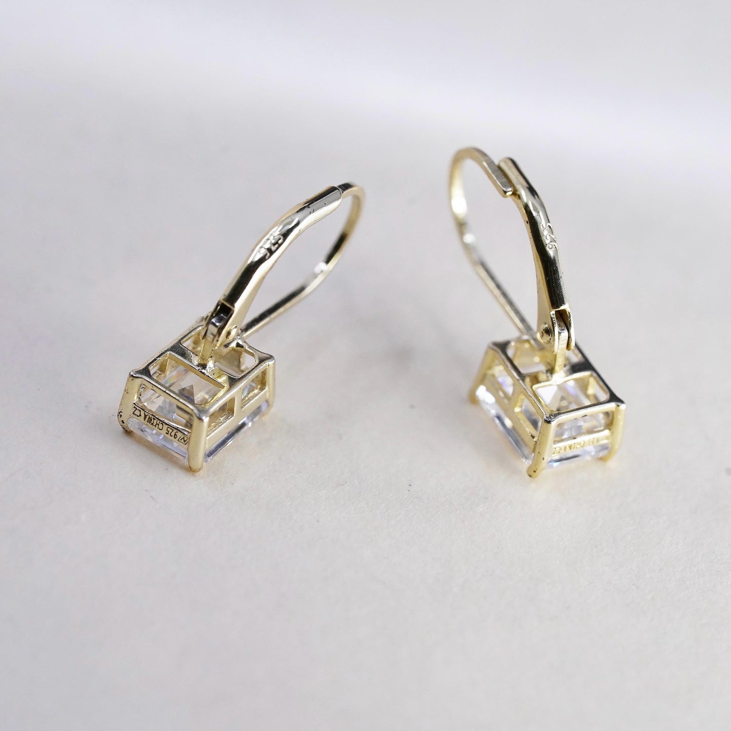 VTG Yellow Gold Plated Sterling Silver earrings, 925 dangles clear Cz leverback