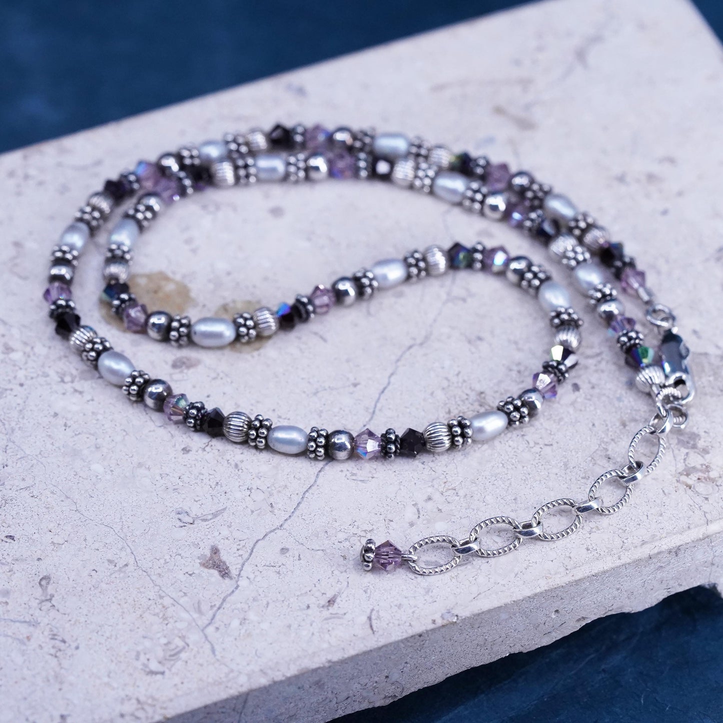 16+2", VTG Sterling 925 silver necklace with freshwater pearl and crystal beads