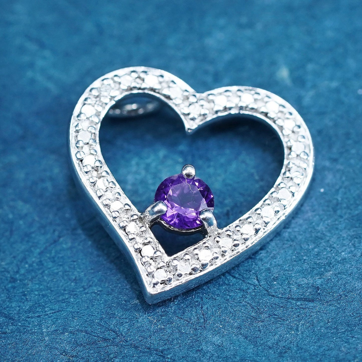 Vintage sterling silver handmade pedant, 925 heart with amethyst and diamond