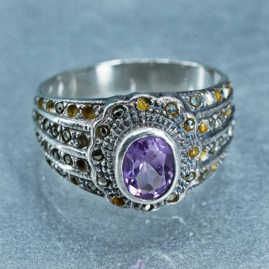 Size 7.5, vintage Sterling 925 silver handmade ring with amethyst and marcasite