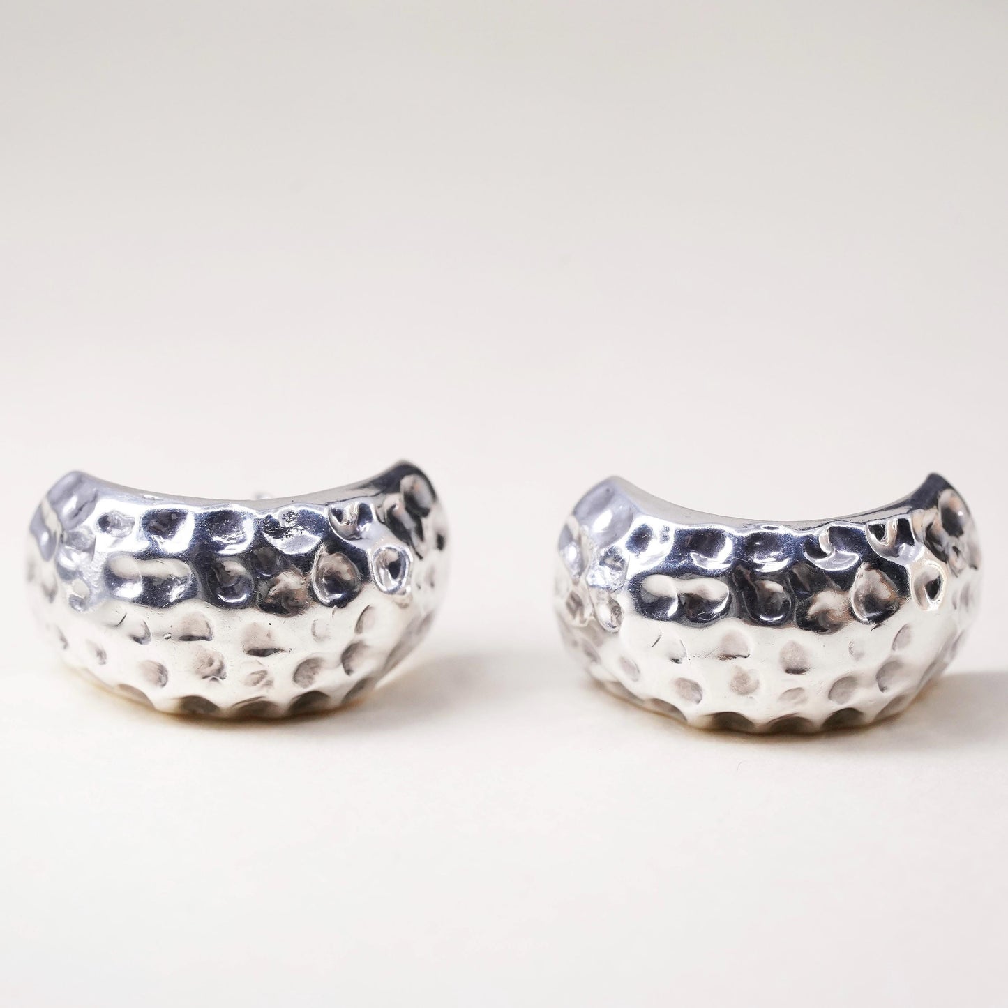 1””, Vintage Mexican Sterling silver earrings, solid 925 hammered huggie studs