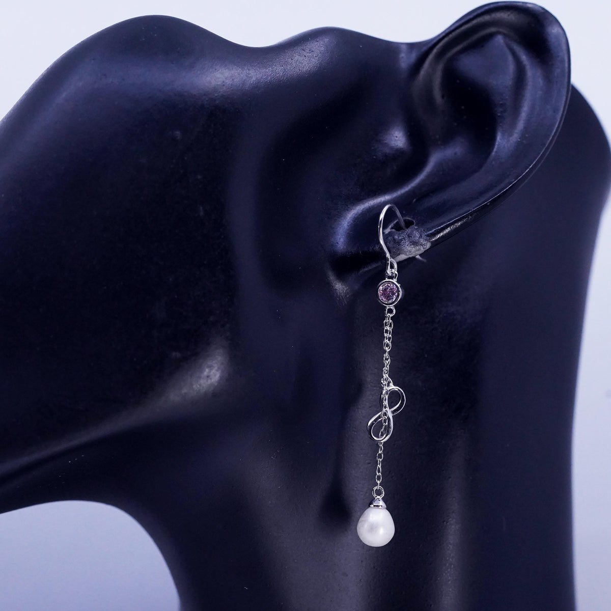 1.5", Vintage Sterling 925 silver long earrings infinity charm pearl beads