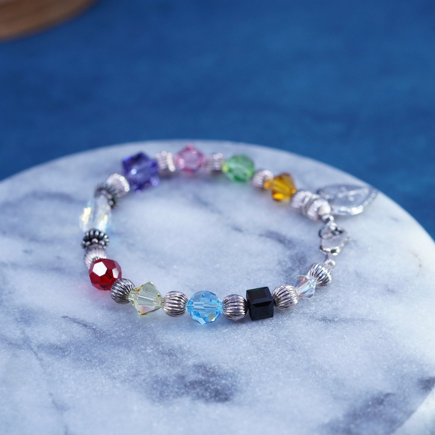 6.75”, Sterling 925 silver bracelet with colorful crystal and heart charm