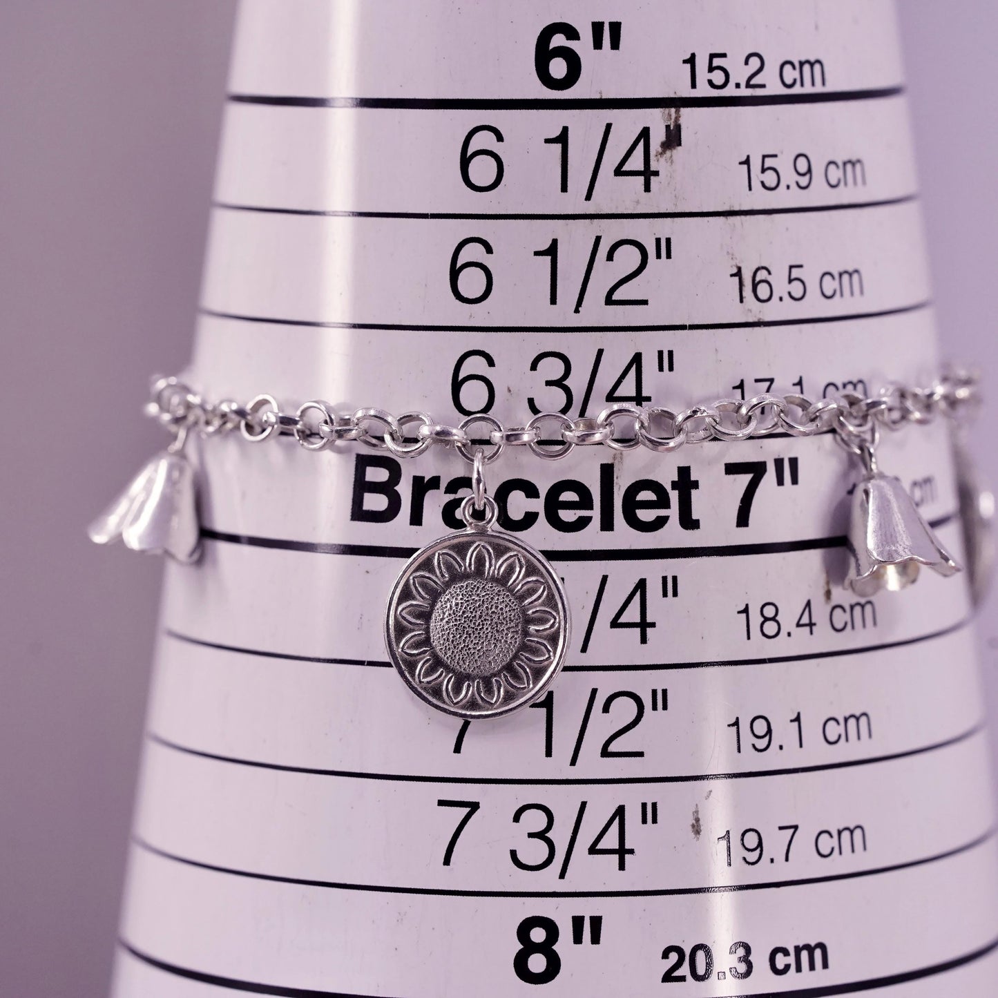 6.75", vintage Sterling silver bracelet, 925 circle lily flower sunflower Charm