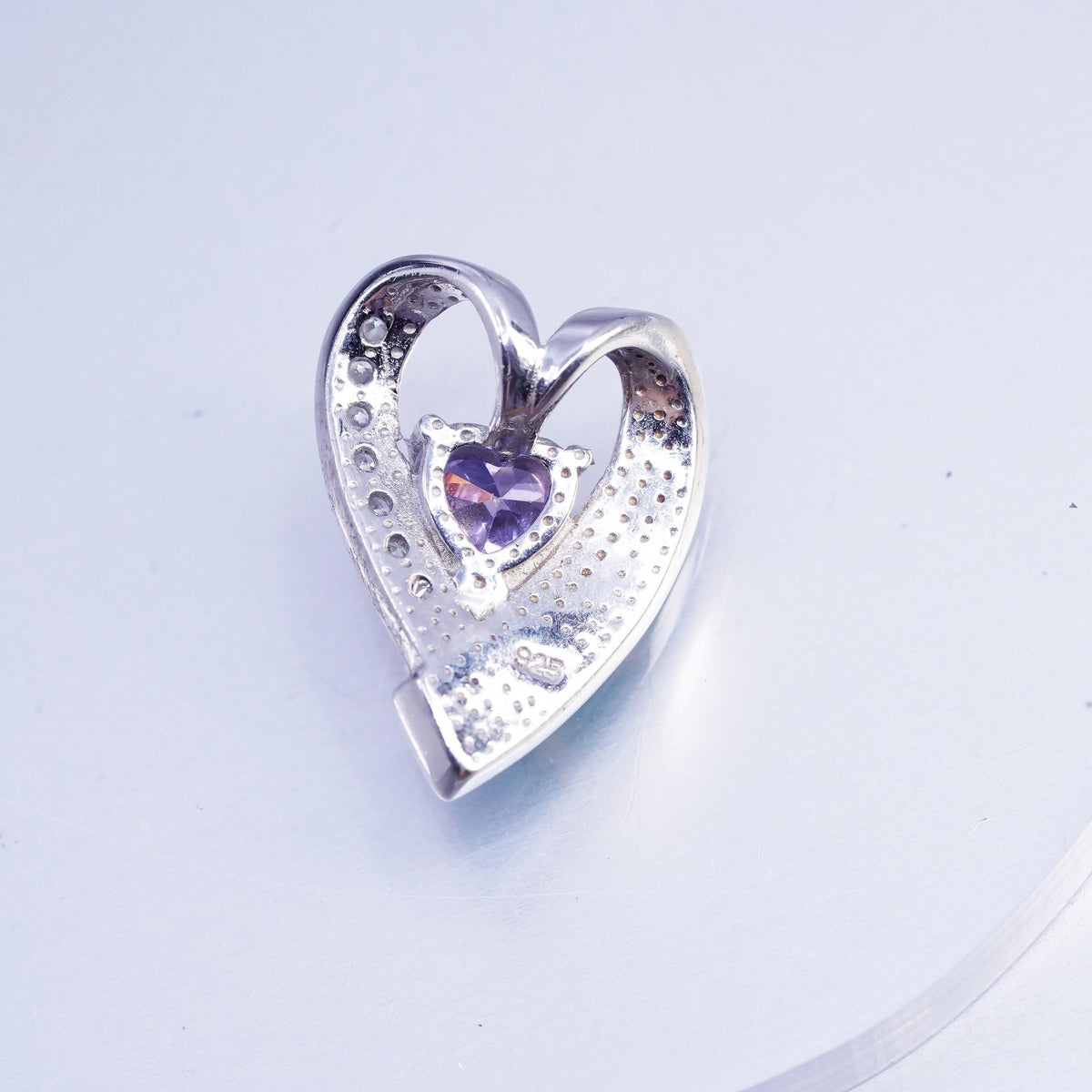 Vintage sterling 925 silver heart pendant with amethyst and opal inlay