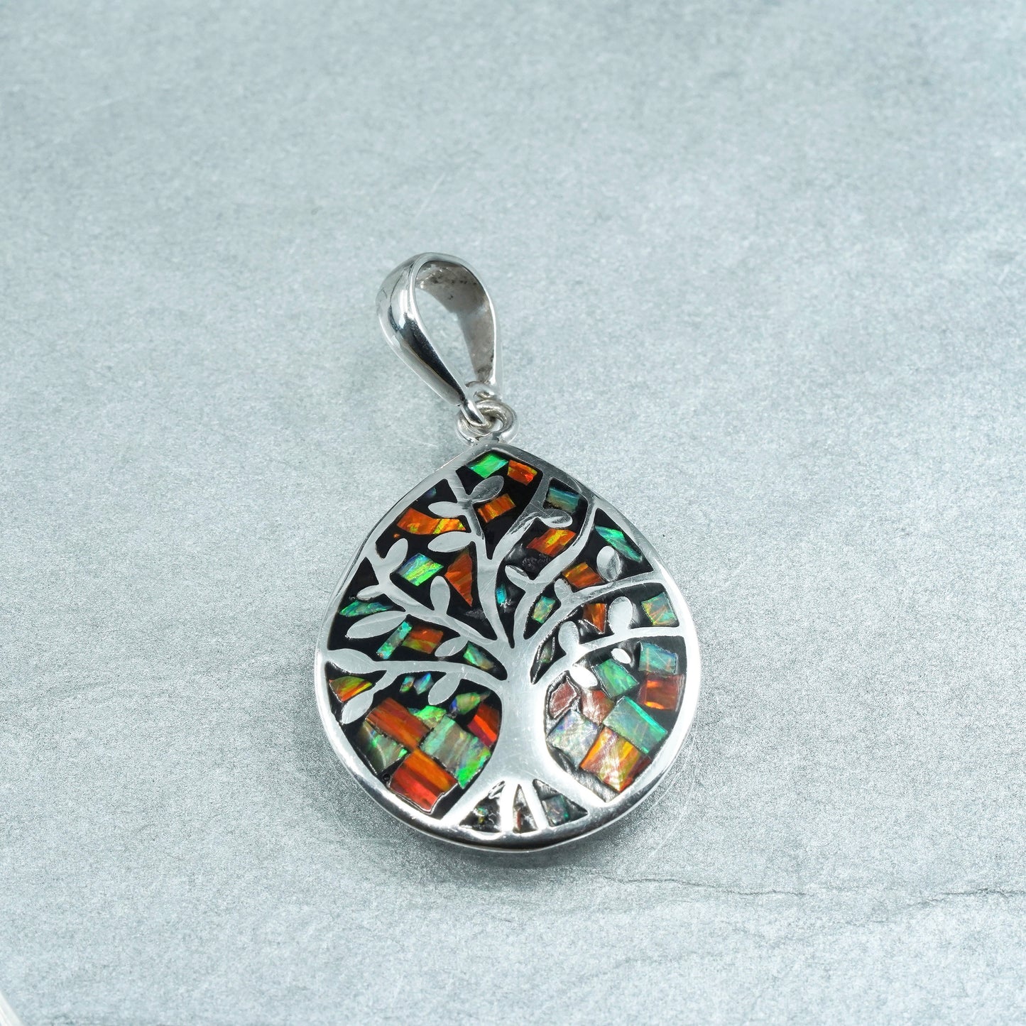 vintage southwestern sterling 925 silver family tree pendant with opal inlay