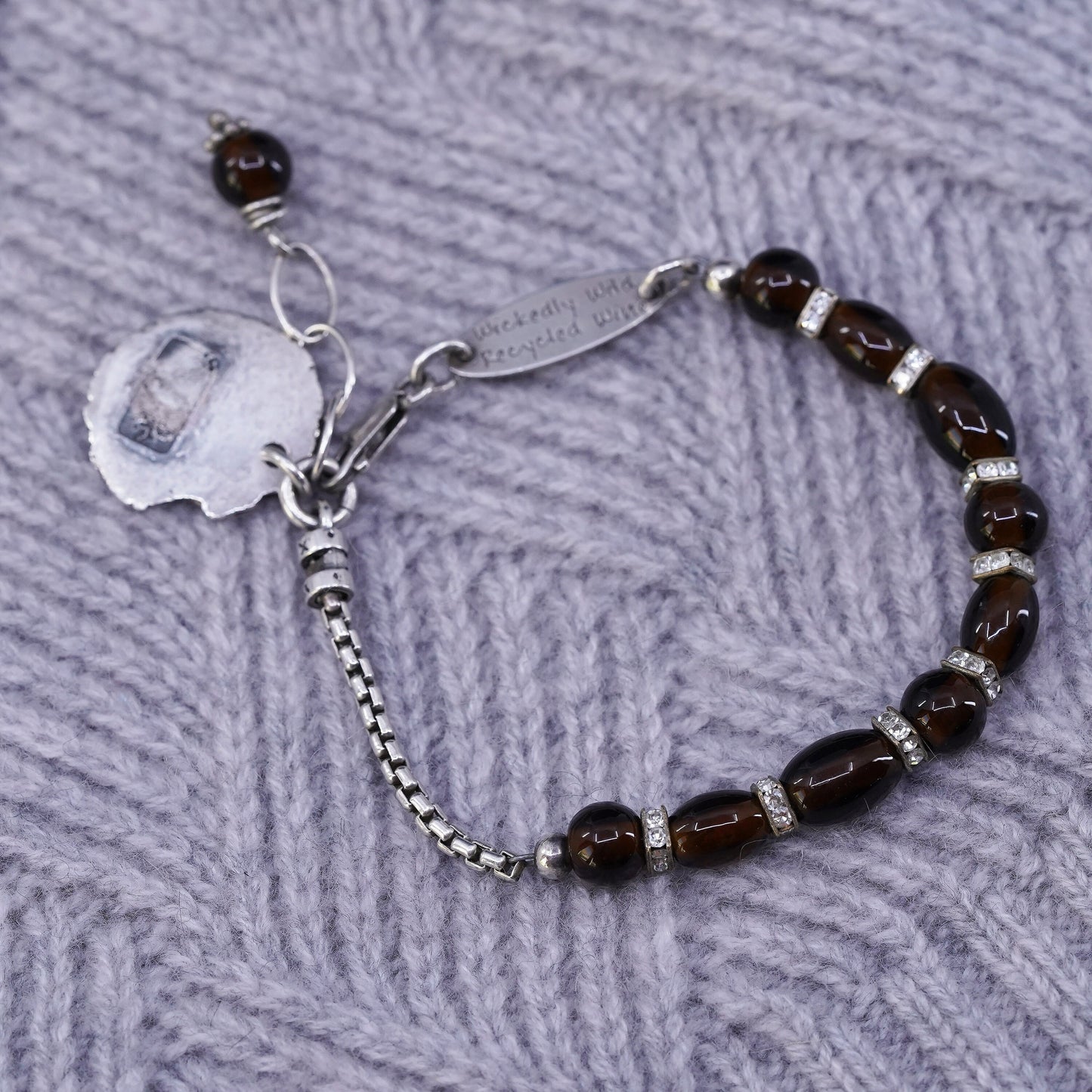 7", Wickedly Wild Recycled Wine sterling silver bracelet glass beads disc charm