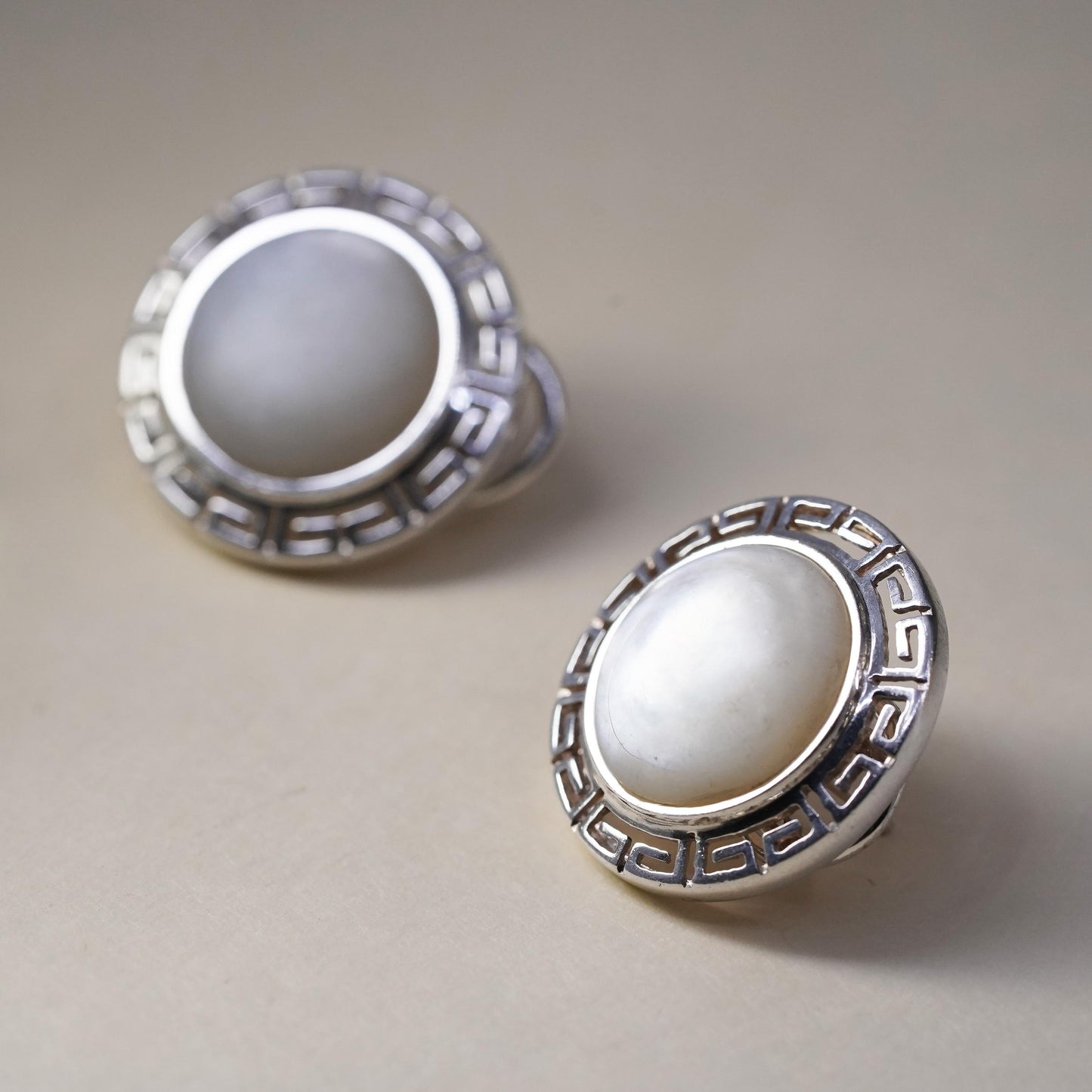 Vintage Sterling silver earrings, 925 Greek key studs w/ round mother of pearl