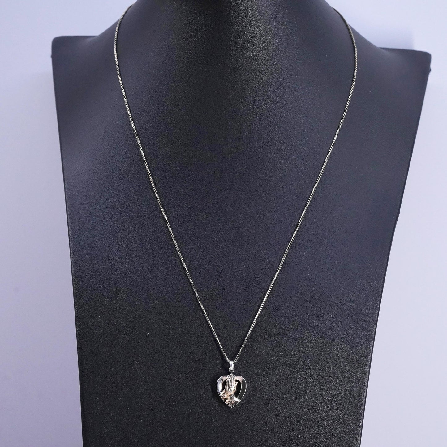 19", two tone Sterling silver necklace, 925 chain heart pendant prayer’s hands