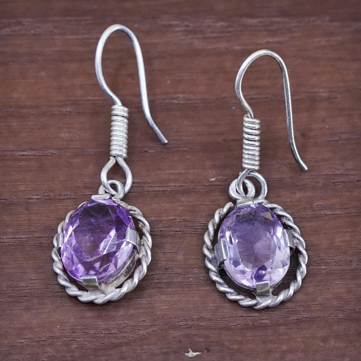 Vintage Sterling 925 silver handmade earrings with amethyst and cable around