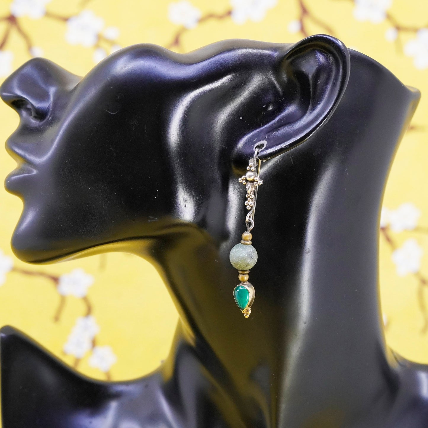 Vintage sterling silver 925 handmade cross earrings with teardrop jade