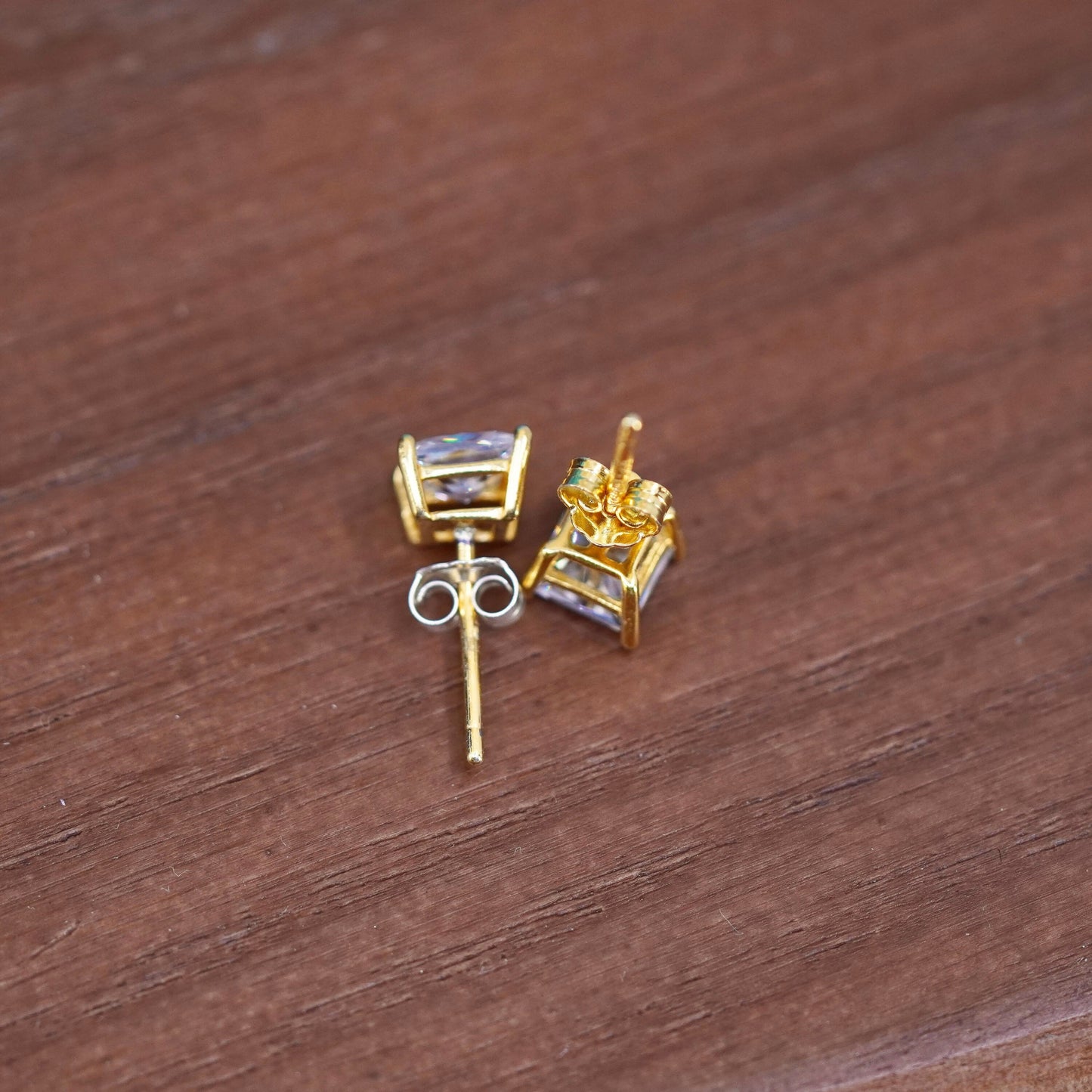 Vintage vermeil rose gold over sterling silver earrings, 925 studs w/ cz inlay