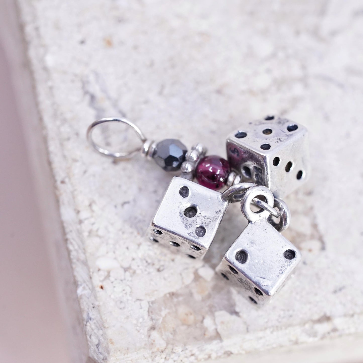 Vintage Sterling silver handmade pendant, 925 3 dice charms