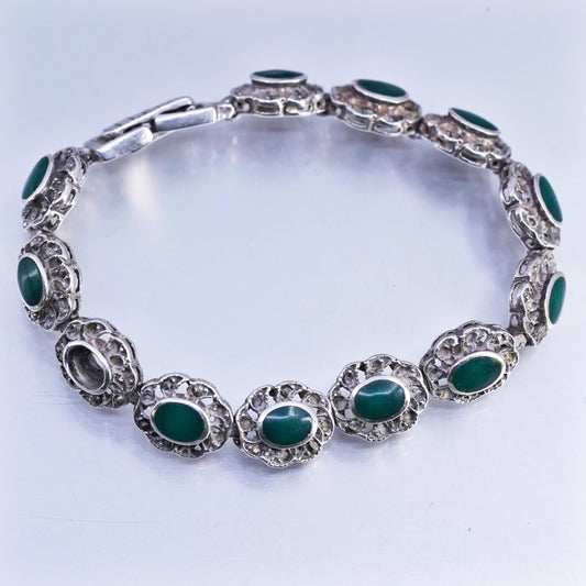 7", Vintage Sterling Silver 925 Tennis Marcasite flower Bracelet with Jade