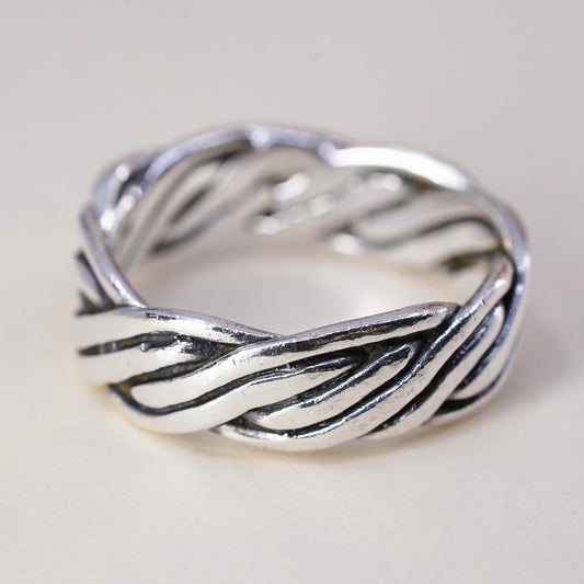 Size 7.5, vintage Sterling silver handmade ring, 925 woven braided cable band