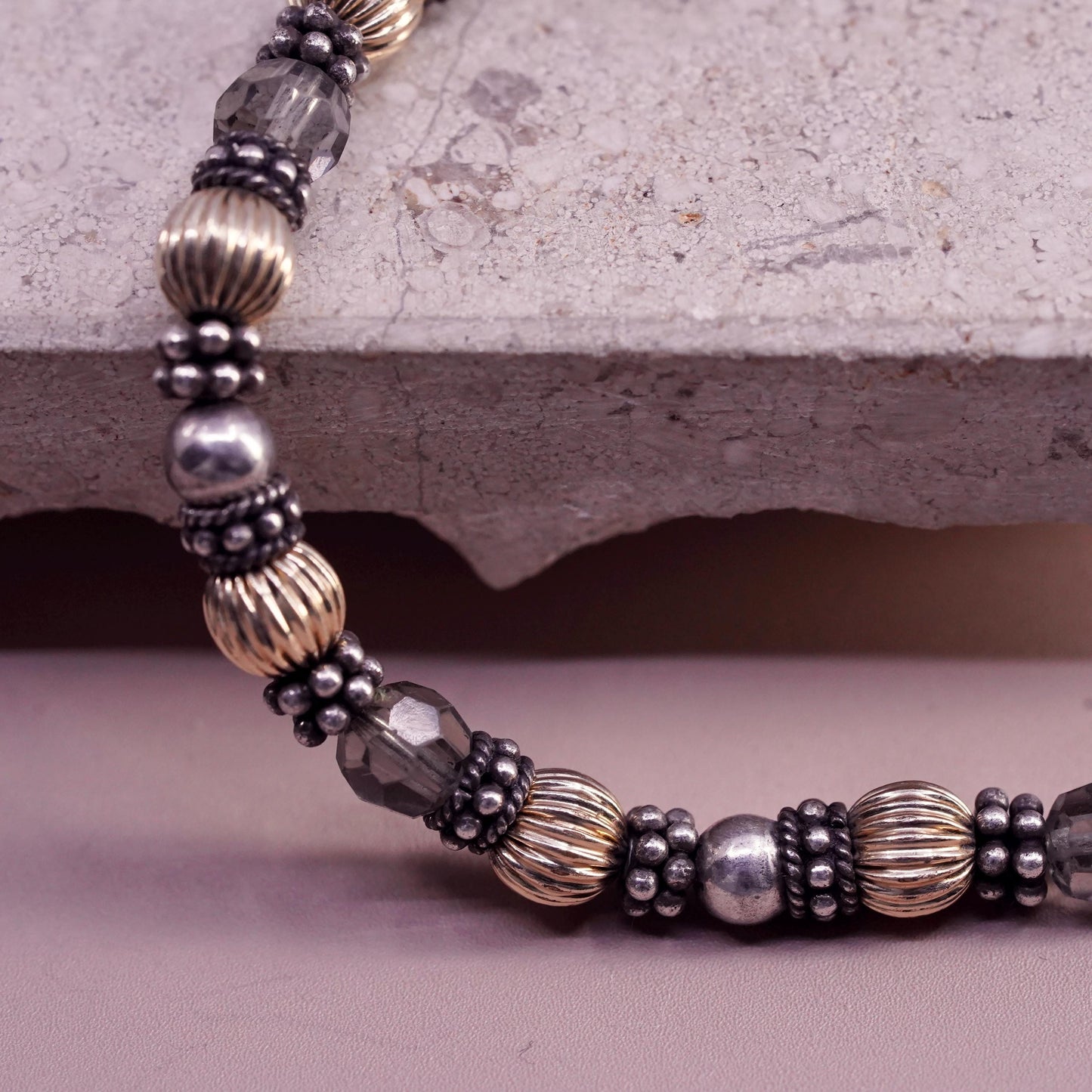 8.5", vintage sterling handmade bracelet, 14K gold, crystal beads chain