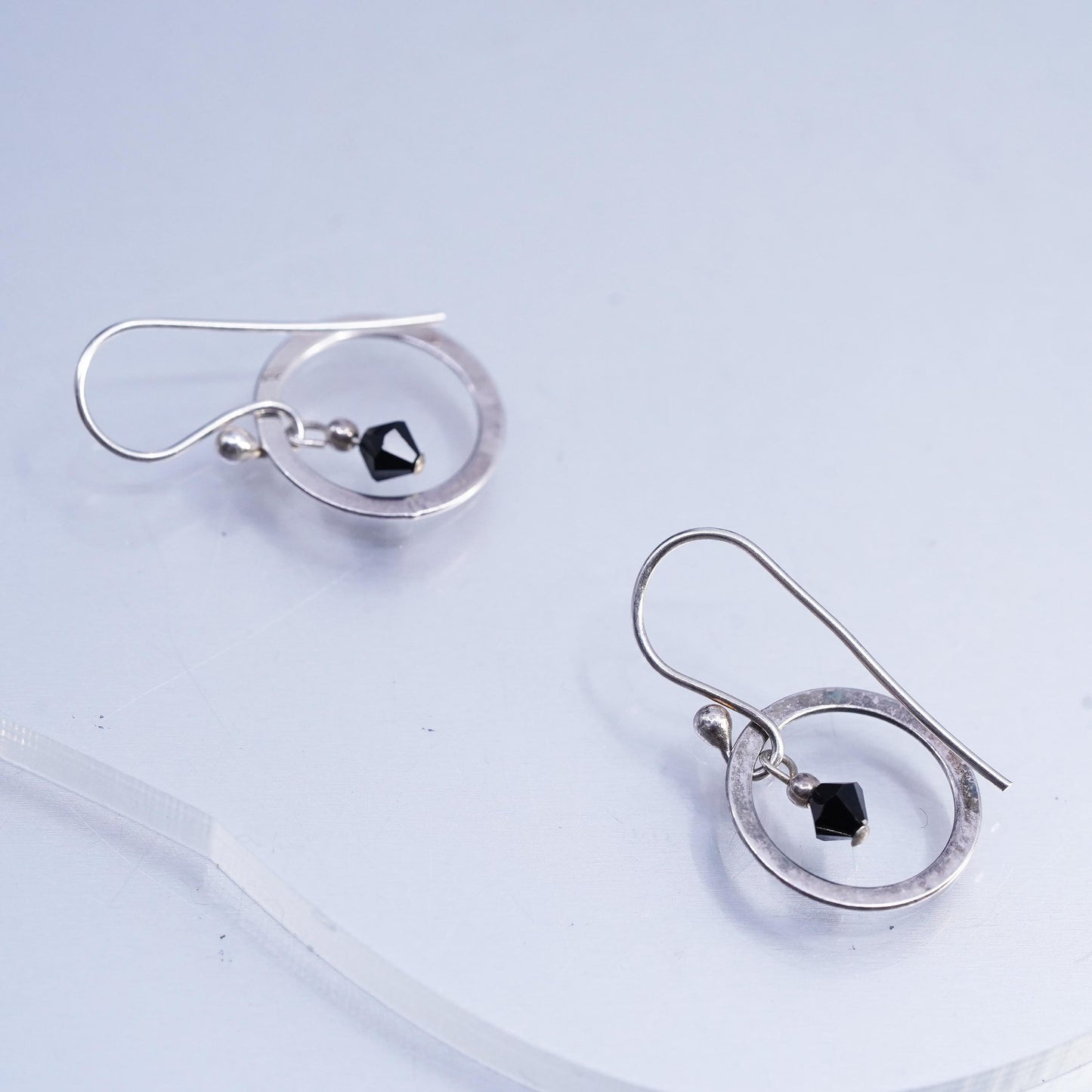 Vintage Sterling silver Handmade earrings, 925 circle with onyx bead dangles