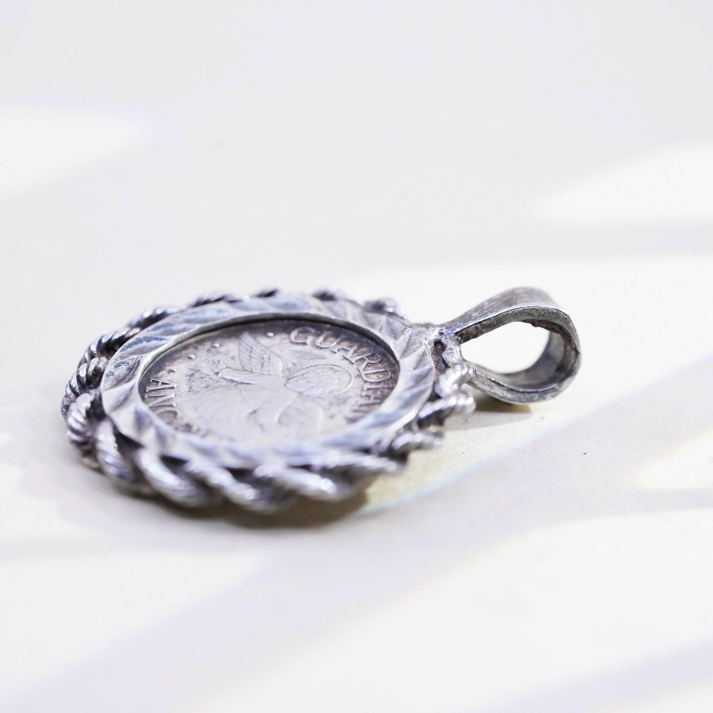 VTG Sterling silver pendant, 999 fine silver guardian angel coin in 925 cable