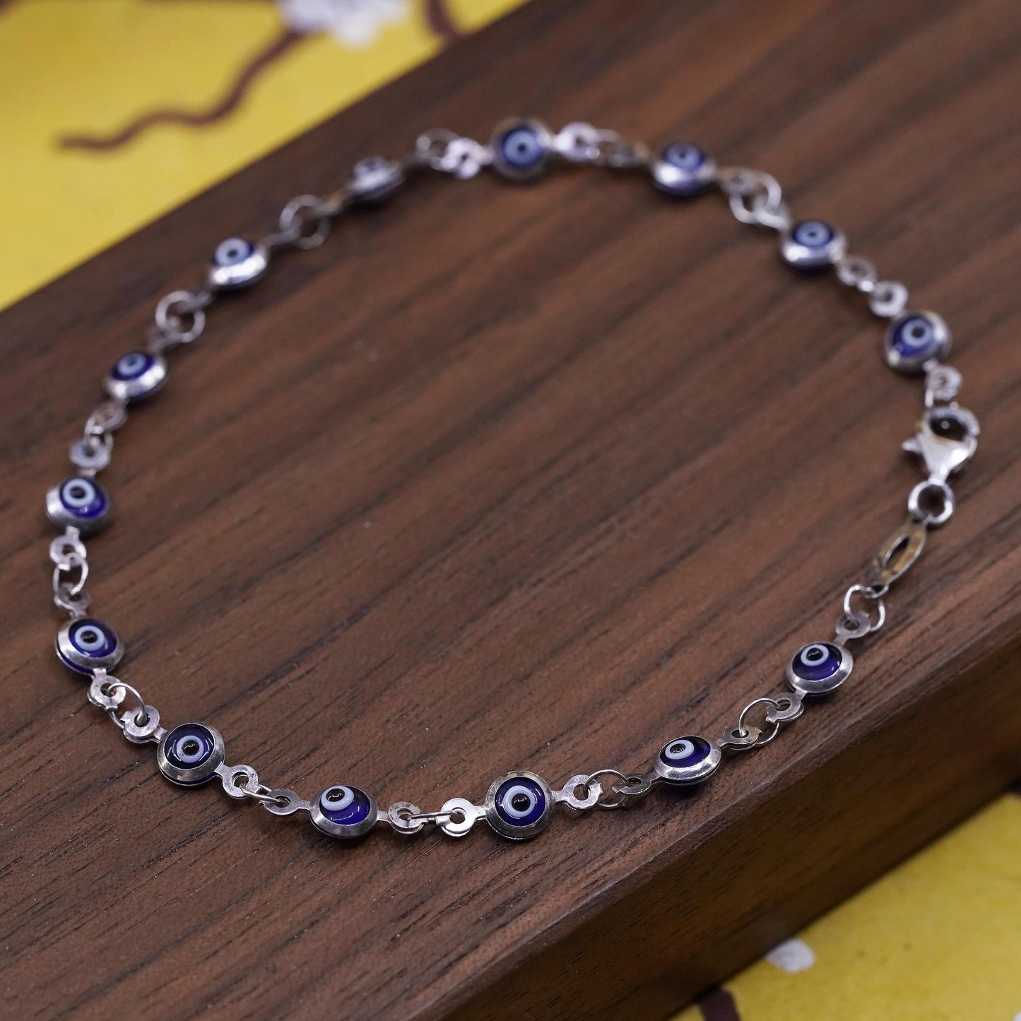 7.5", vintage sterling silver handmade bracelet, blue 925 evil eye beads