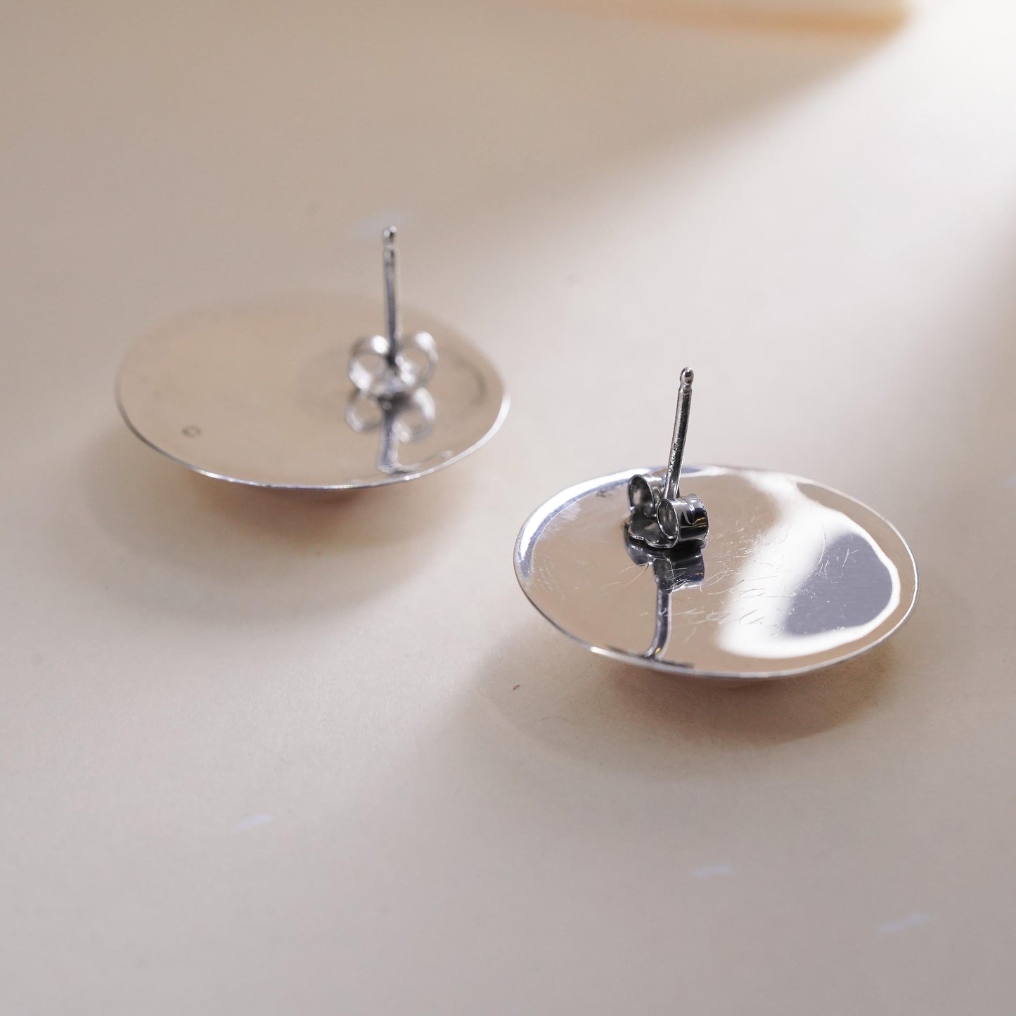 Vintage Sterling silver earrings, 925 circle studs with oval pink quartz stone