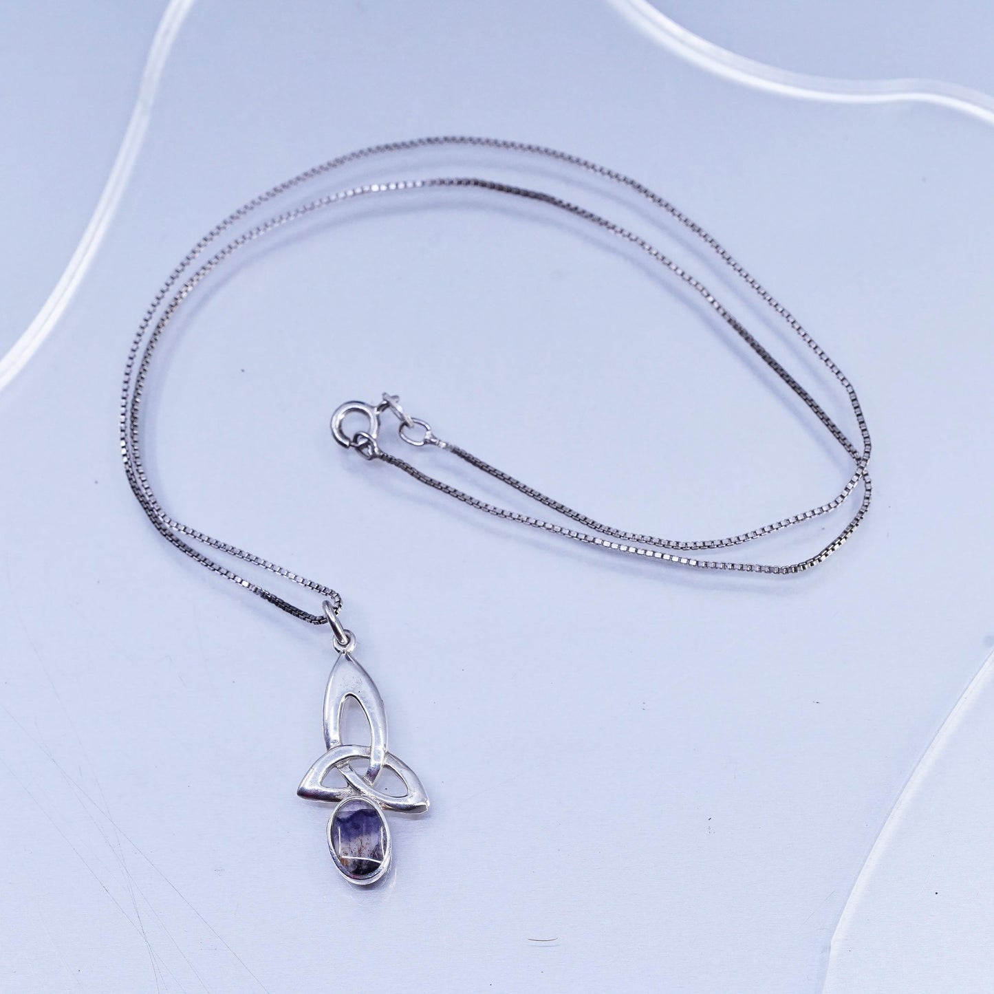 18", Sterling 925 silver box necklace Irish Celtic knot landscape agate pendant