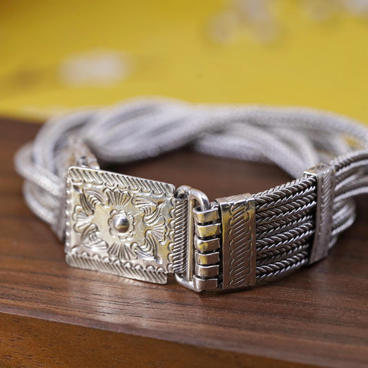 6.5”, VTG Nepal Sterling 925 silver handmade bracelet, 6 strands wheat chain