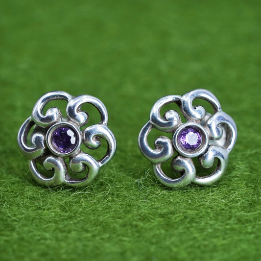 Vintage Sterling silver handmade earrings, 925 flower studs with amethyst