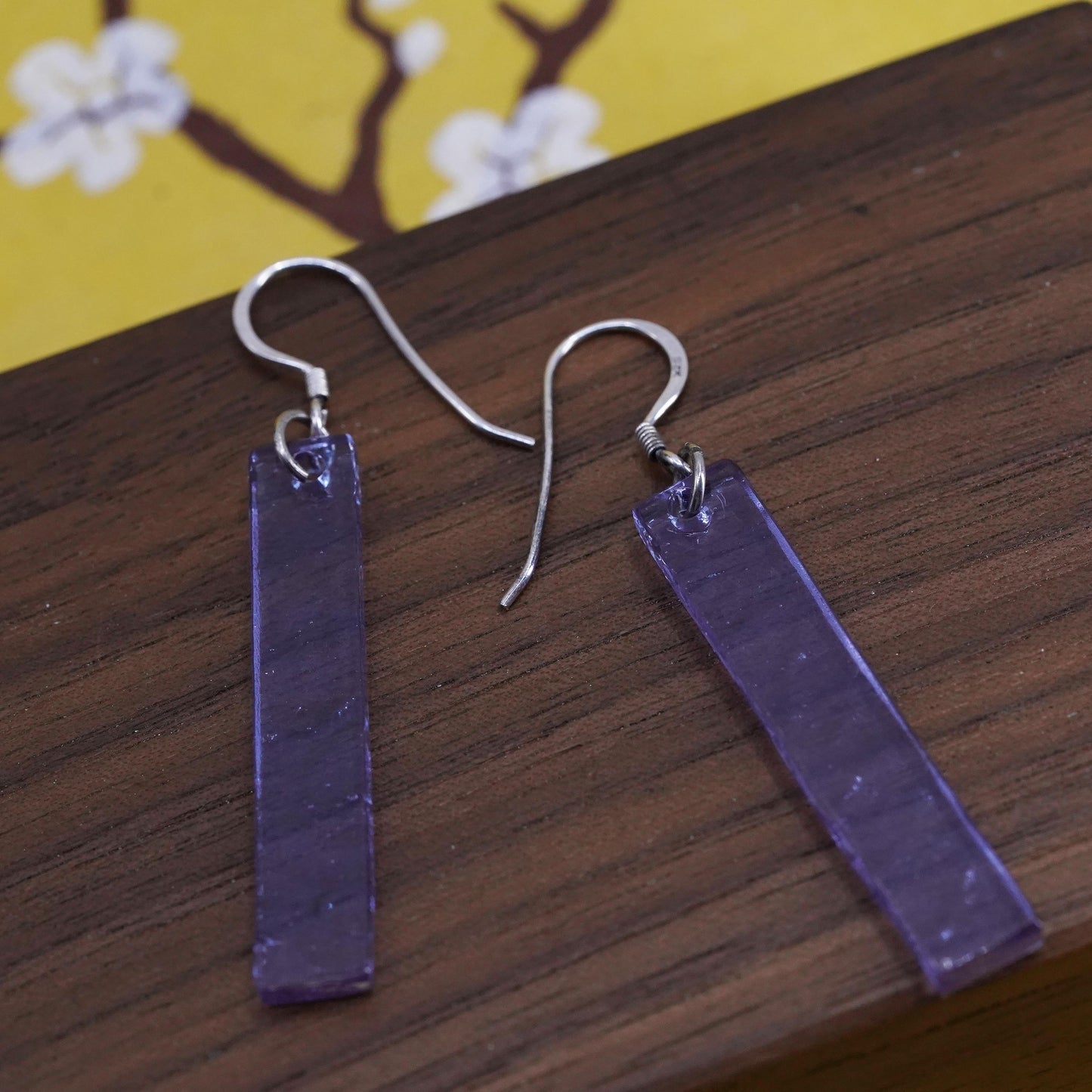 Vintage sterling 925 silver handmade earrings with purple glass dangles