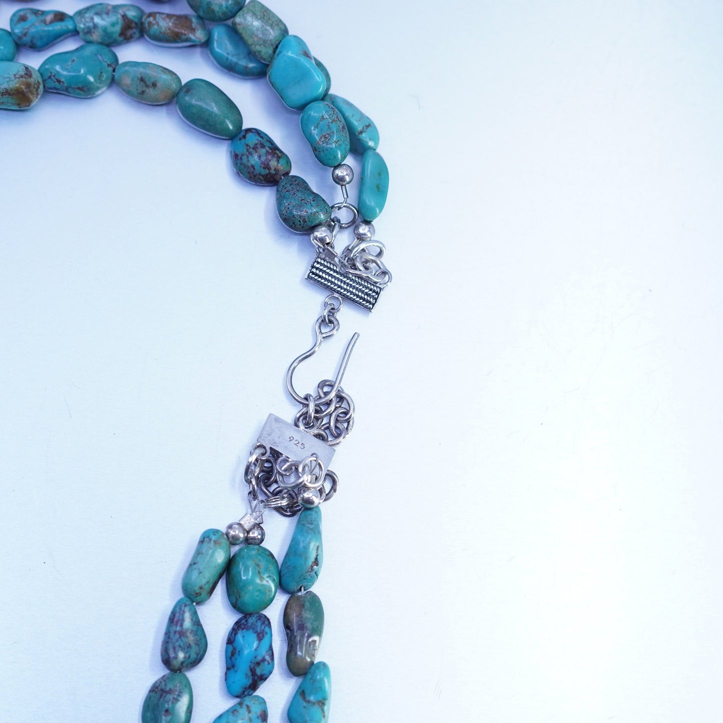 16+2”, VTG Sterling 925 silver handmade necklace with nugget turquoise beads