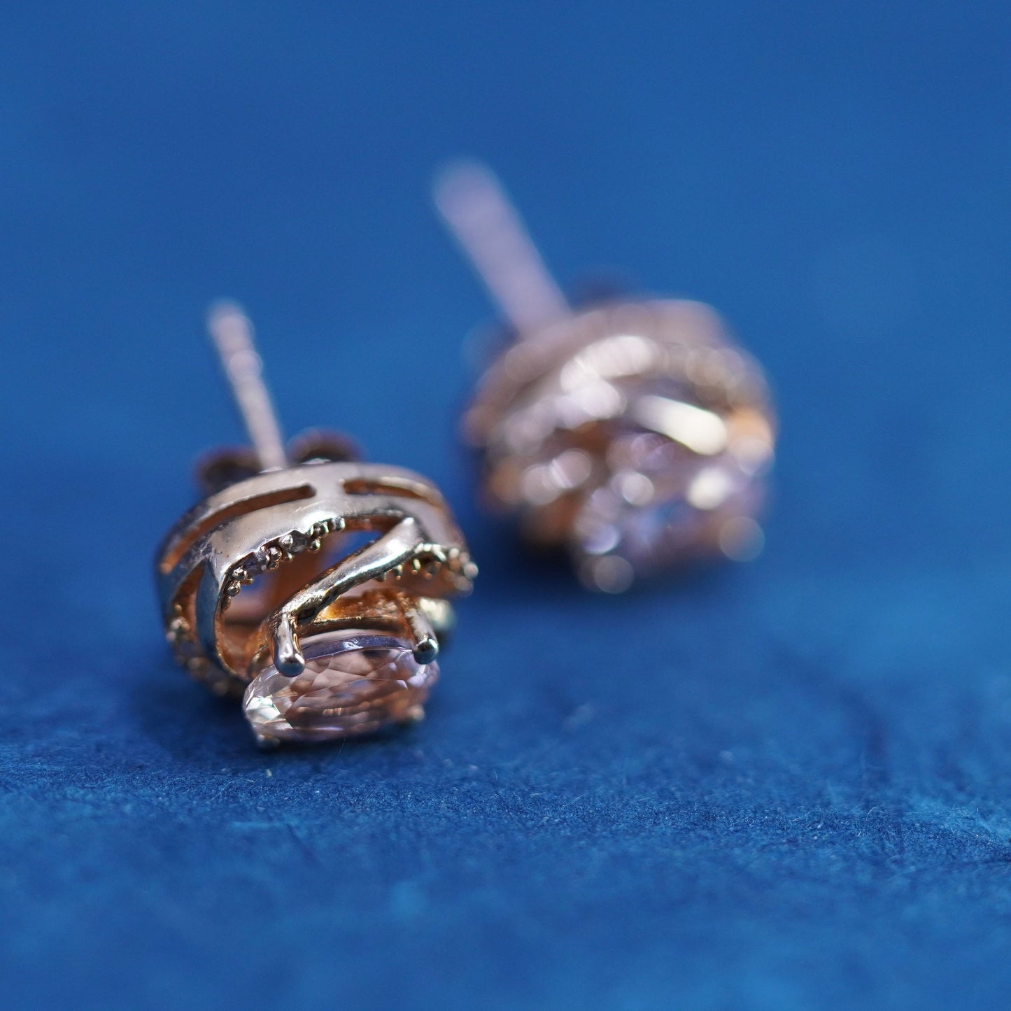 Vintage vermeil rose gold over sterling silver earrings, 925 studs w/ cz inlay
