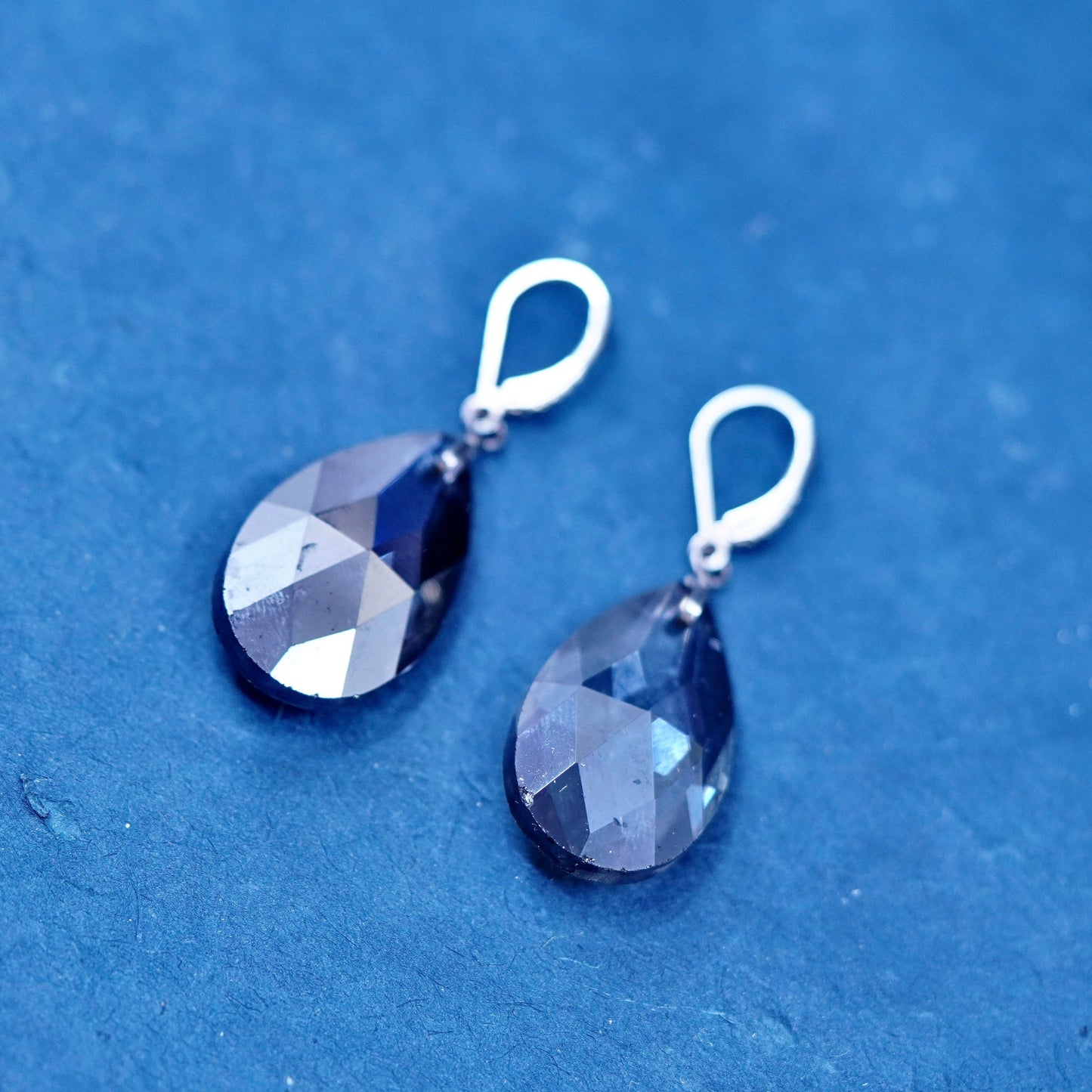 Vintage sterling 925 silver handmade teardrop smoky crystal earrings