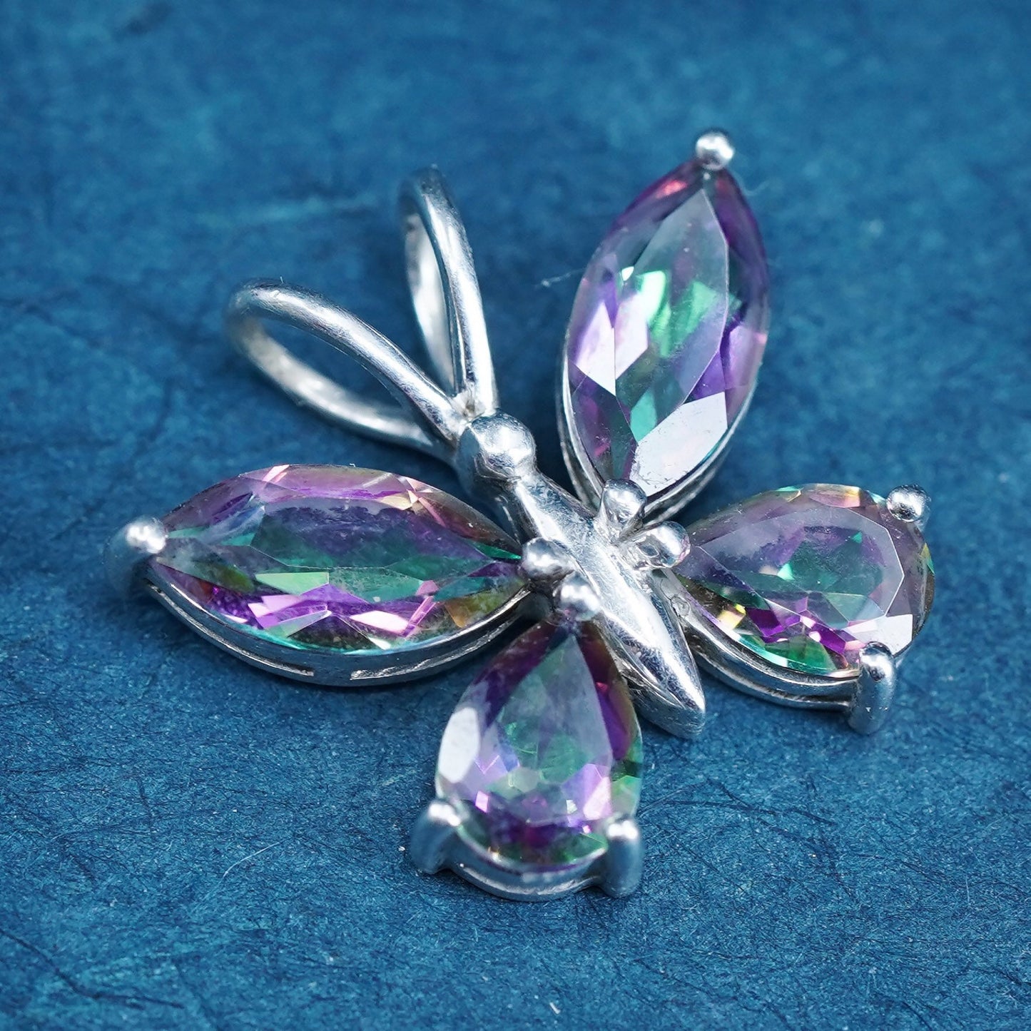 Vintage Sterling 925 silver handmade butterfly pendant with rainbow topaz