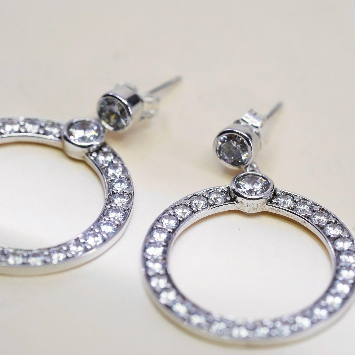 Vintage Sterling 925 silver handmade earrings, circle cluster Cz dangles