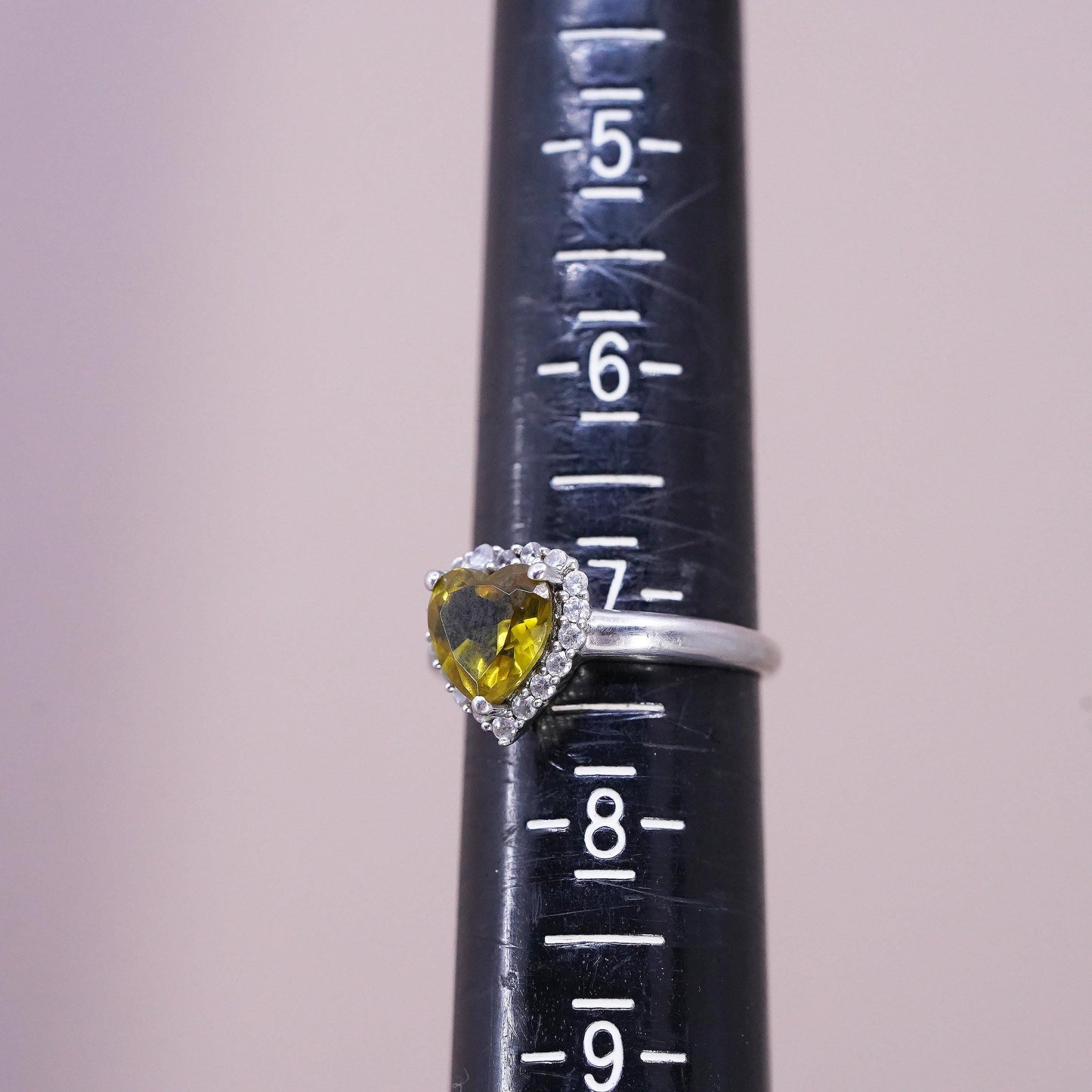 Size 7, VTG 925 Sterling Silver Heart Cut Yellow Citrine Halo Ring, Heart Ring