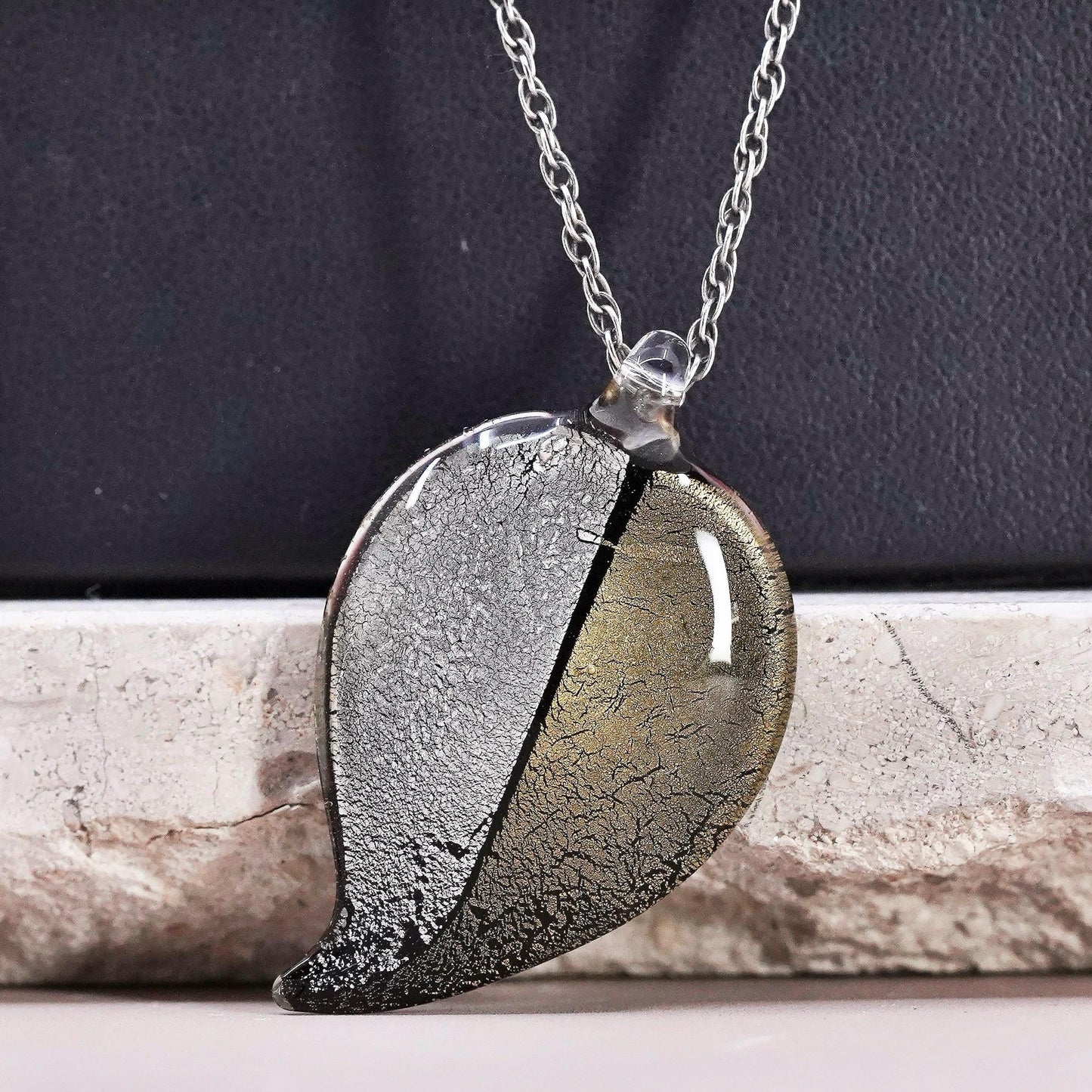 26”, Sterling silver necklace, 925 rope chain foiled glass leaf pendant