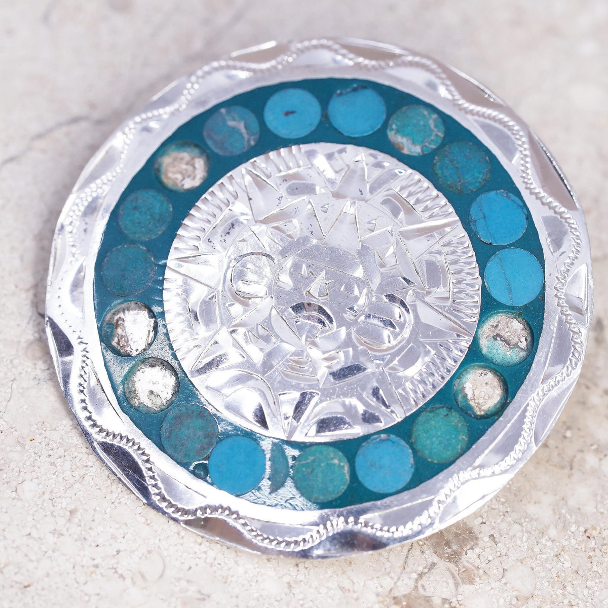 Taxco Mexico Sterling Silver Turquoise Aztec Sun Face Brooch Pendant 925 Jewelry