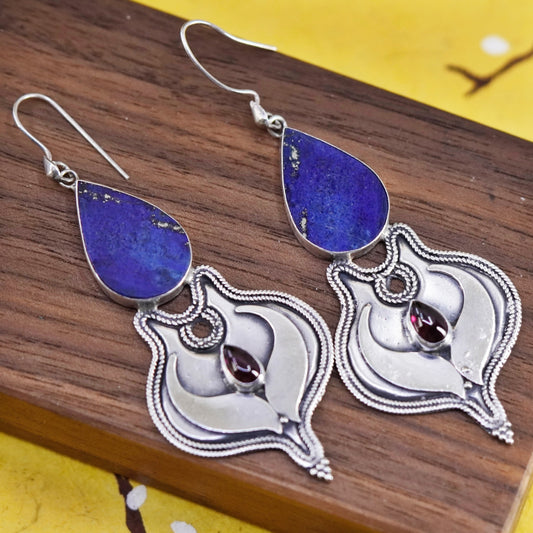 Vintage handmade sterling 925 silver earrings with teardrop lapis lazuli garnet