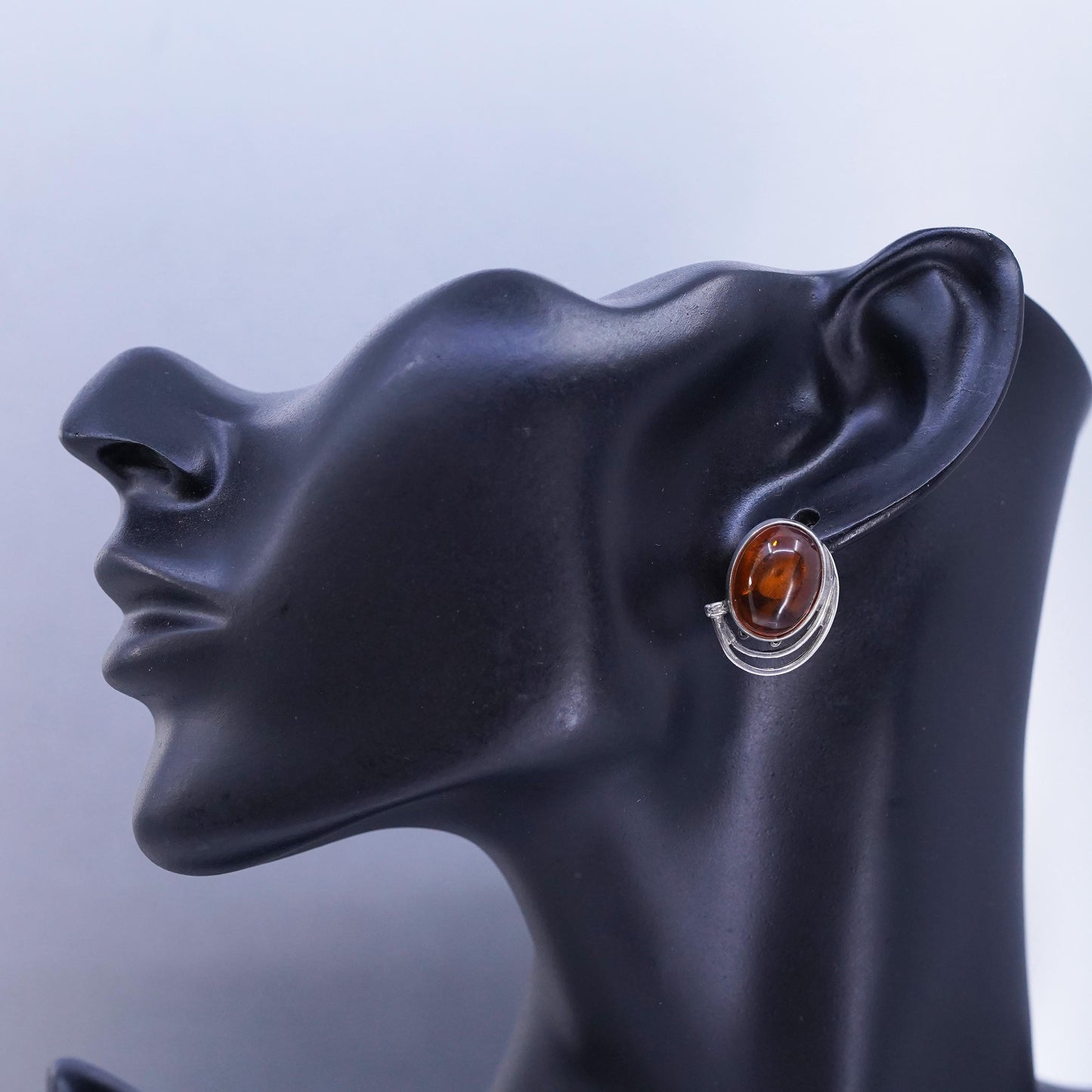 Vintage Sterling 925 silver handmade earrings, oval clip on with amber