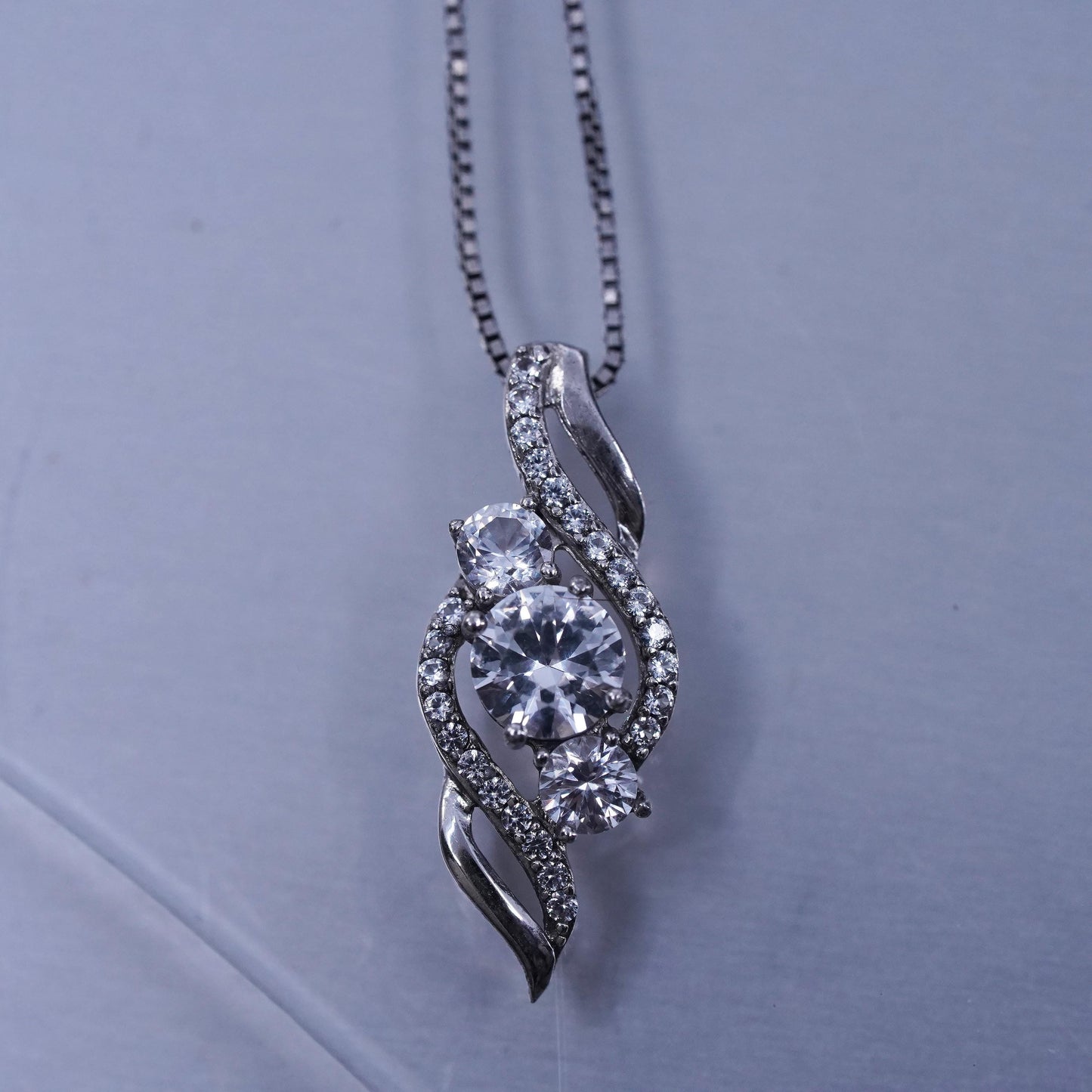 18”, vintage Sterling 925 silver handmade box pendant necklace with cz pendant