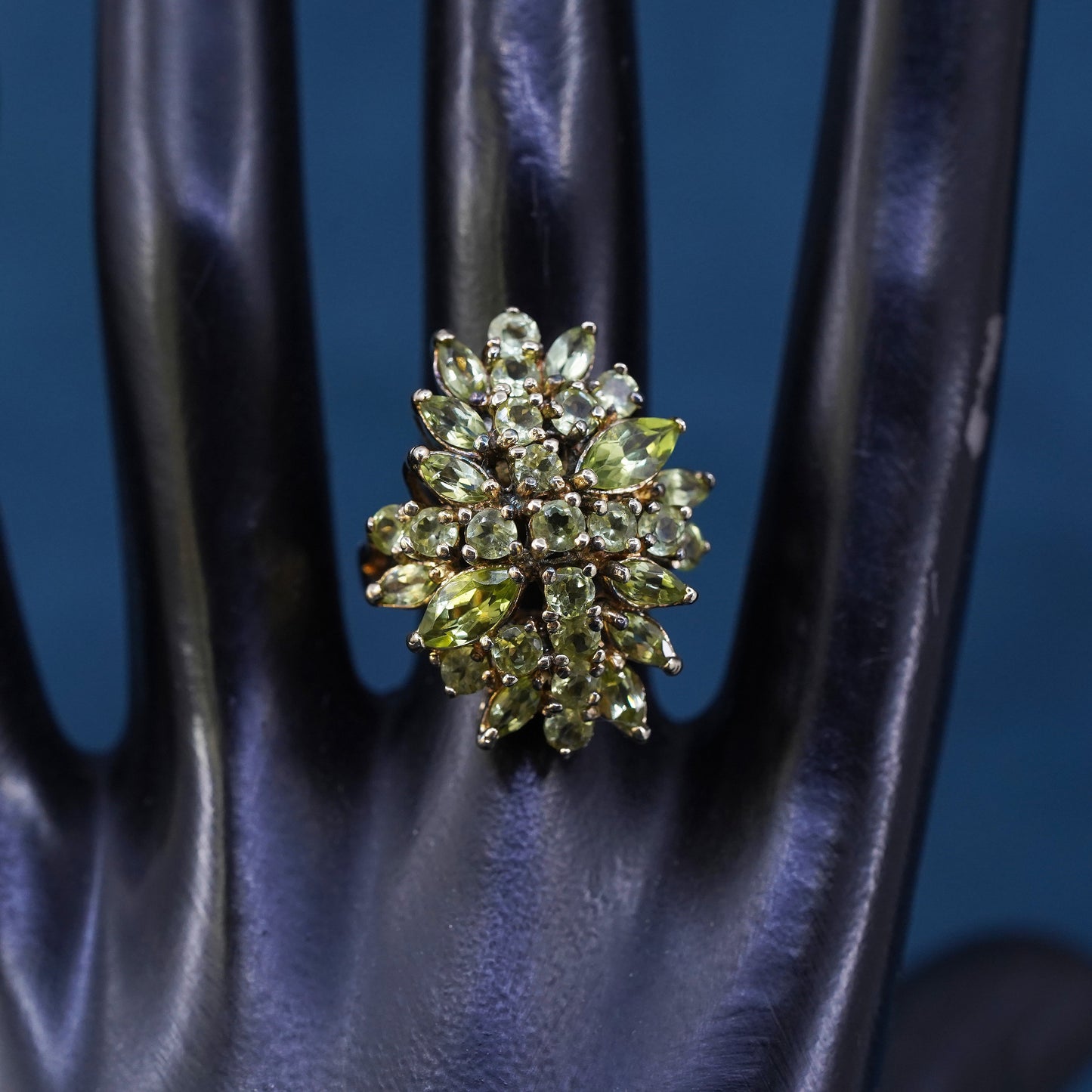 Size 7.25, vermeil gold over Sterling silver ring, 925 band w/ cluster peridot