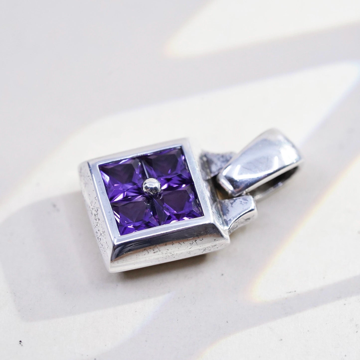 Vintage Sterling 925 silver handmade square pendant with amethyst