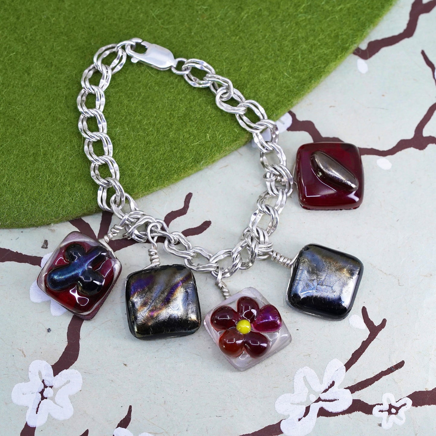 6.5”, Vintage sterling 925 silver double curb bracelet with flower glass charms
