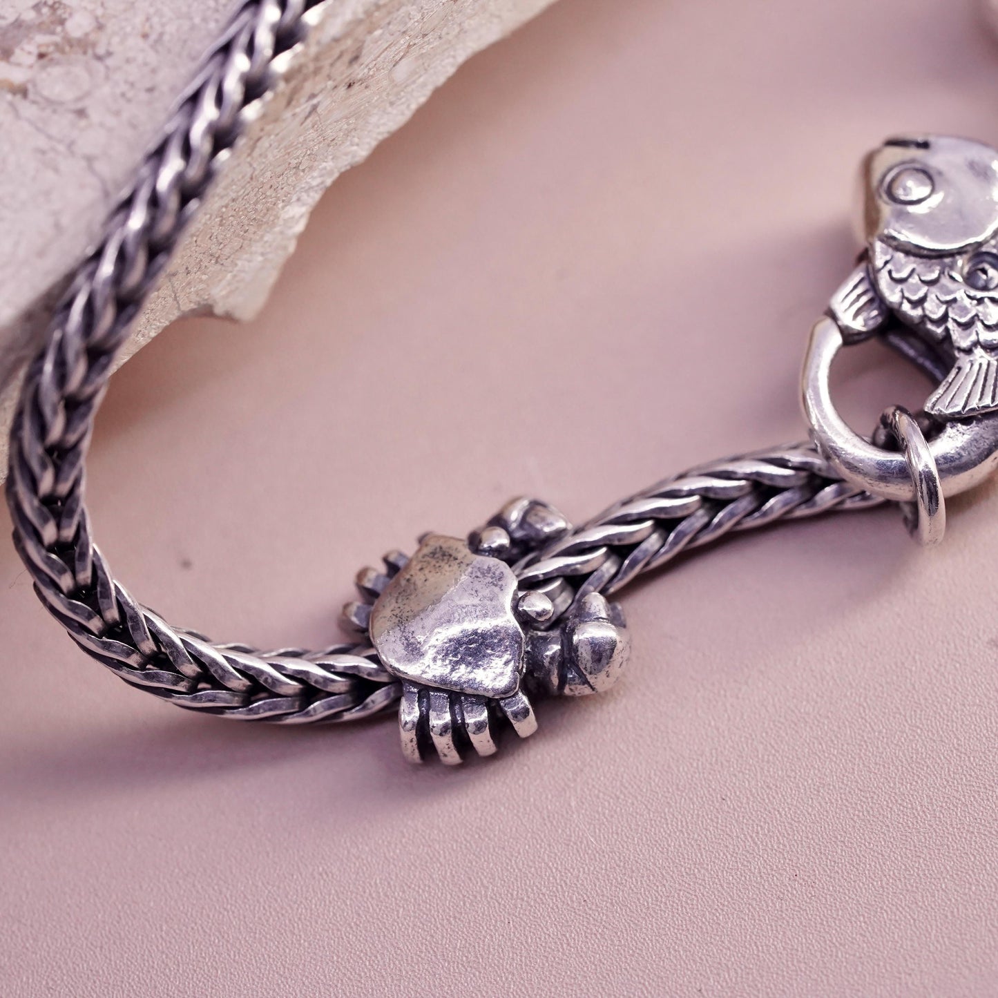 7.75", LAA Trollbeads Sterling Silver 925 wheat Bracelet heart crab leaf charms