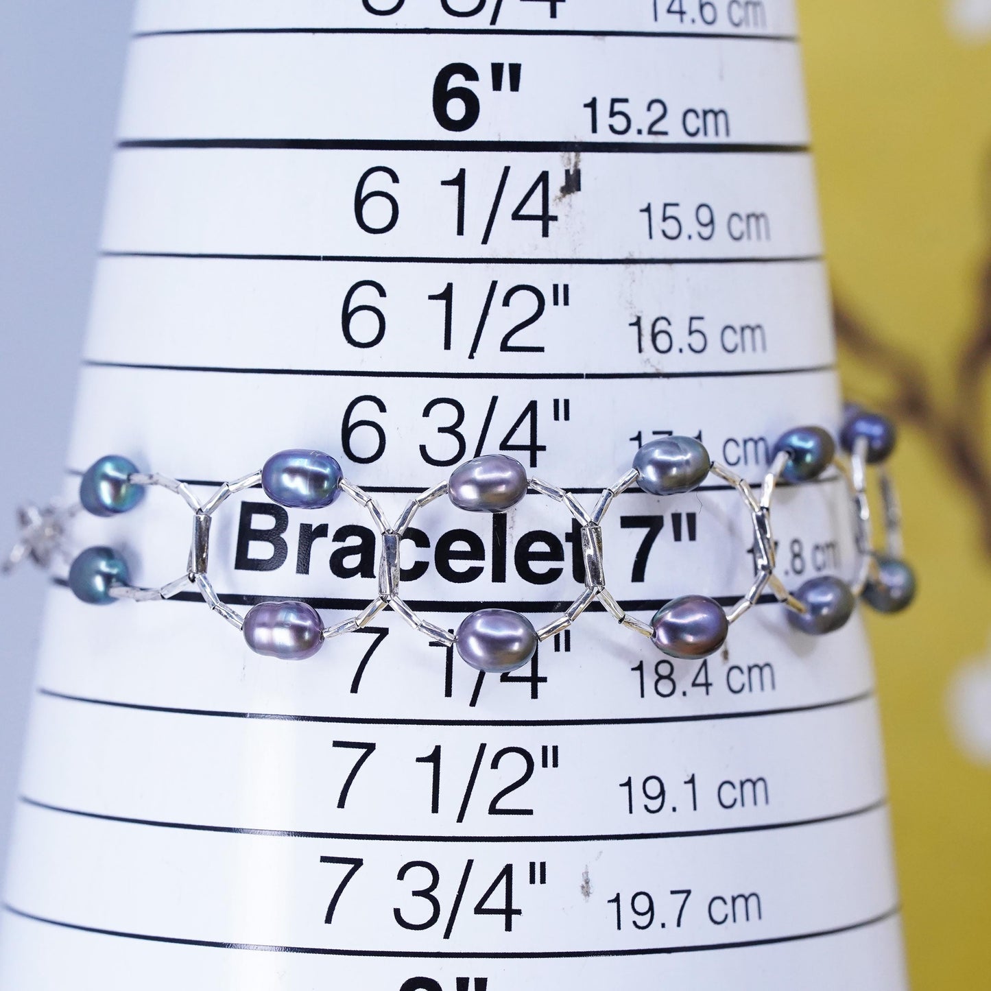 7" Vintage handmade genuine black pearl beads bracelet, sterling 925 silver