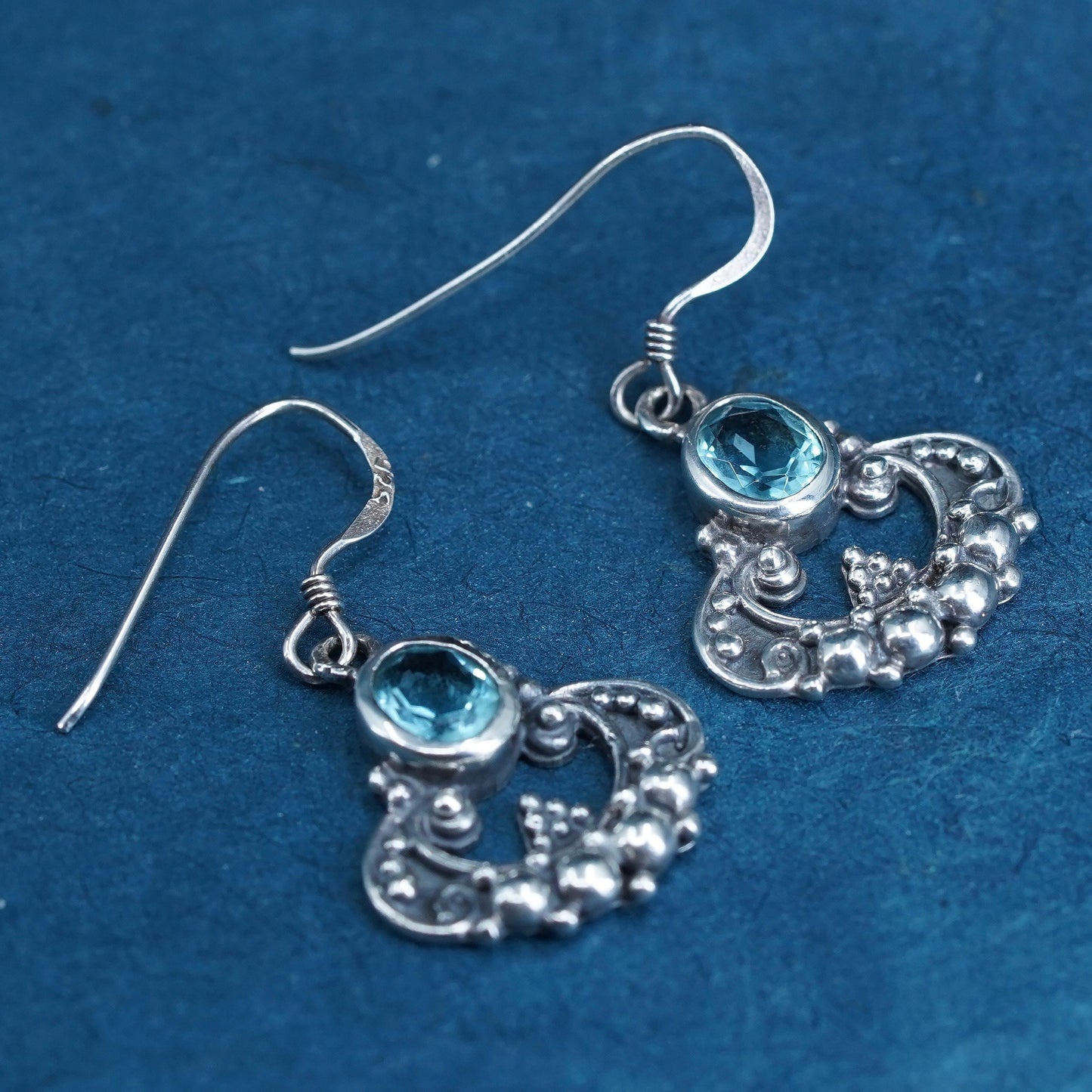 Sterling silver handmade cluster earrings, 925 dangles with blue crystal beads